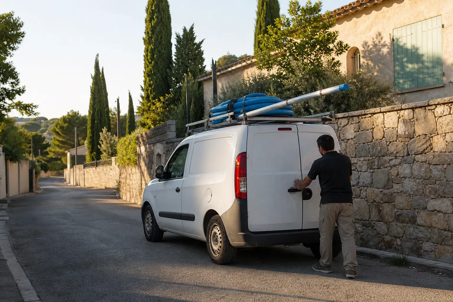 Véhicule utilitaire d’entretien de piscine dans une rue résidentielle